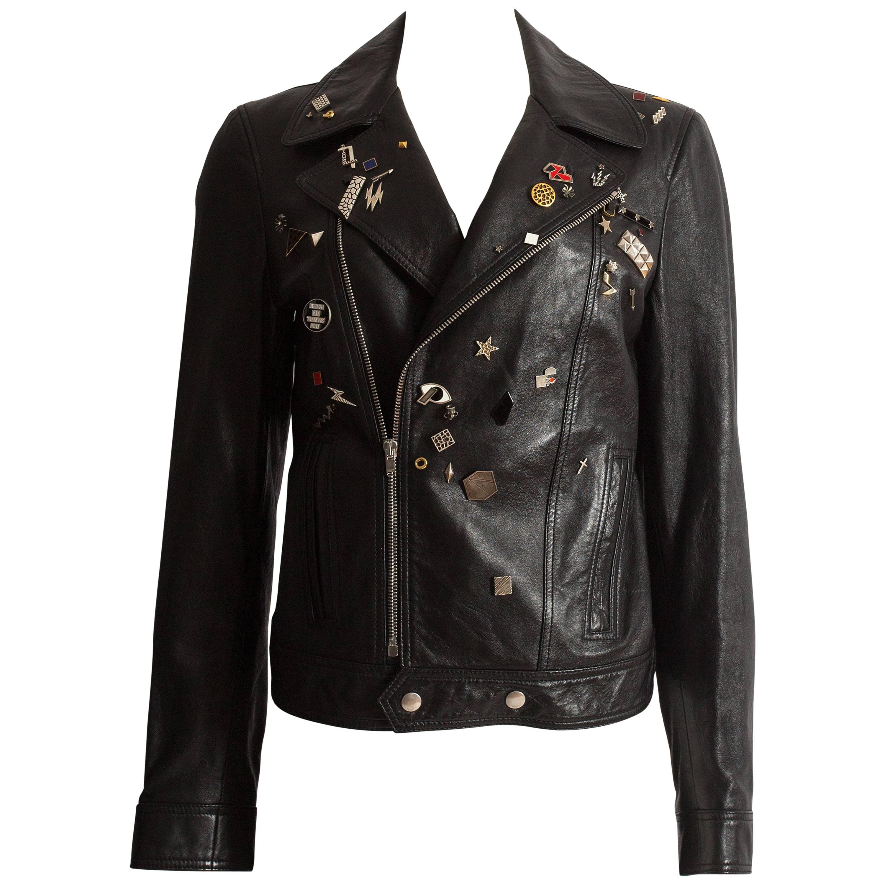 Saint Laurent by Hedi Slimane black leather biker jacket with badges , AW 2015
