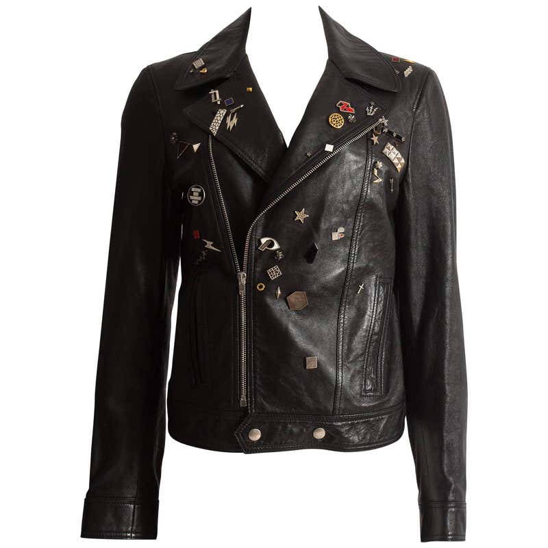 Saint Laurent by Hedi Slimane black leather biker jacket with badges ...