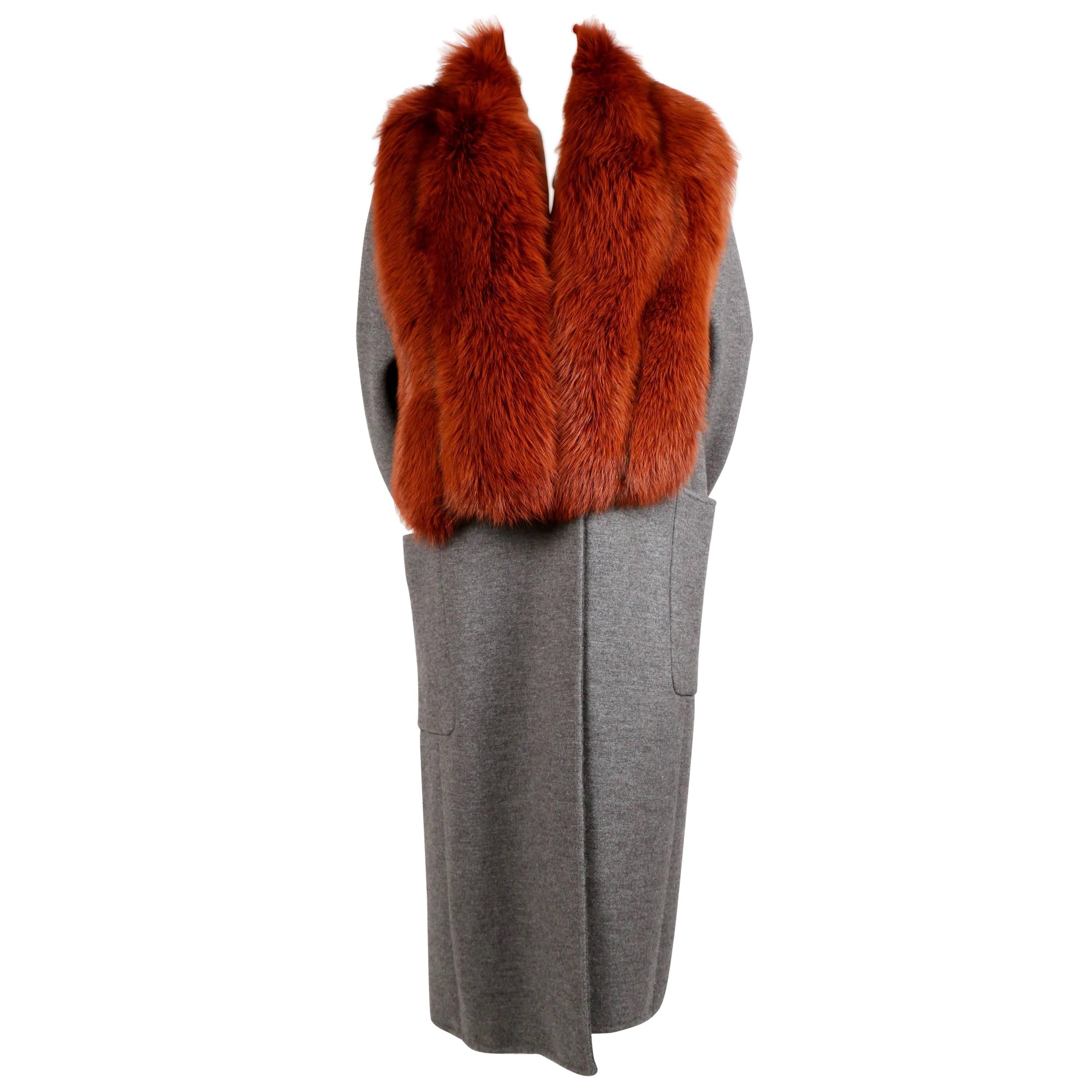 Celine by Phoebe Philo gray wool silk and cashmere coat with dyed fox fur collar