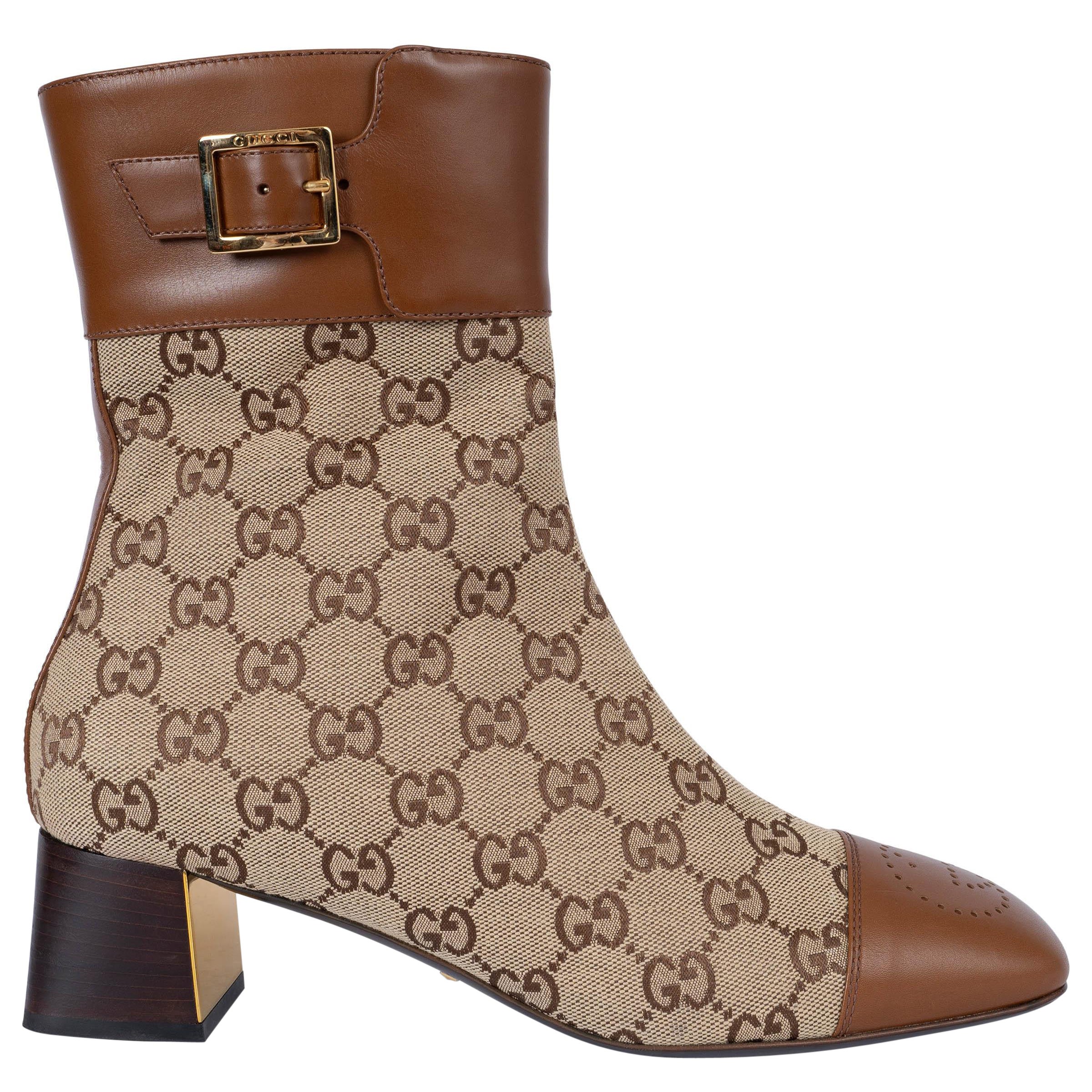 GUCCI brown leather GG SUPREME CANVAS 2022 ELLIS Ankle Boots Shoes 40 For Sale