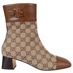 GUCCI brown leather GG SUPREME CANVAS 2022 ELLIS Ankle Boots Shoes 40