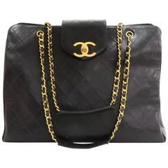 Chanel Vintage Black Leather Large Weekender Travel Carryall Tote Shoulder Bag