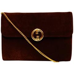 Vintage 1970's GUCCI brown suede convertible clutch bag with gilt hardware