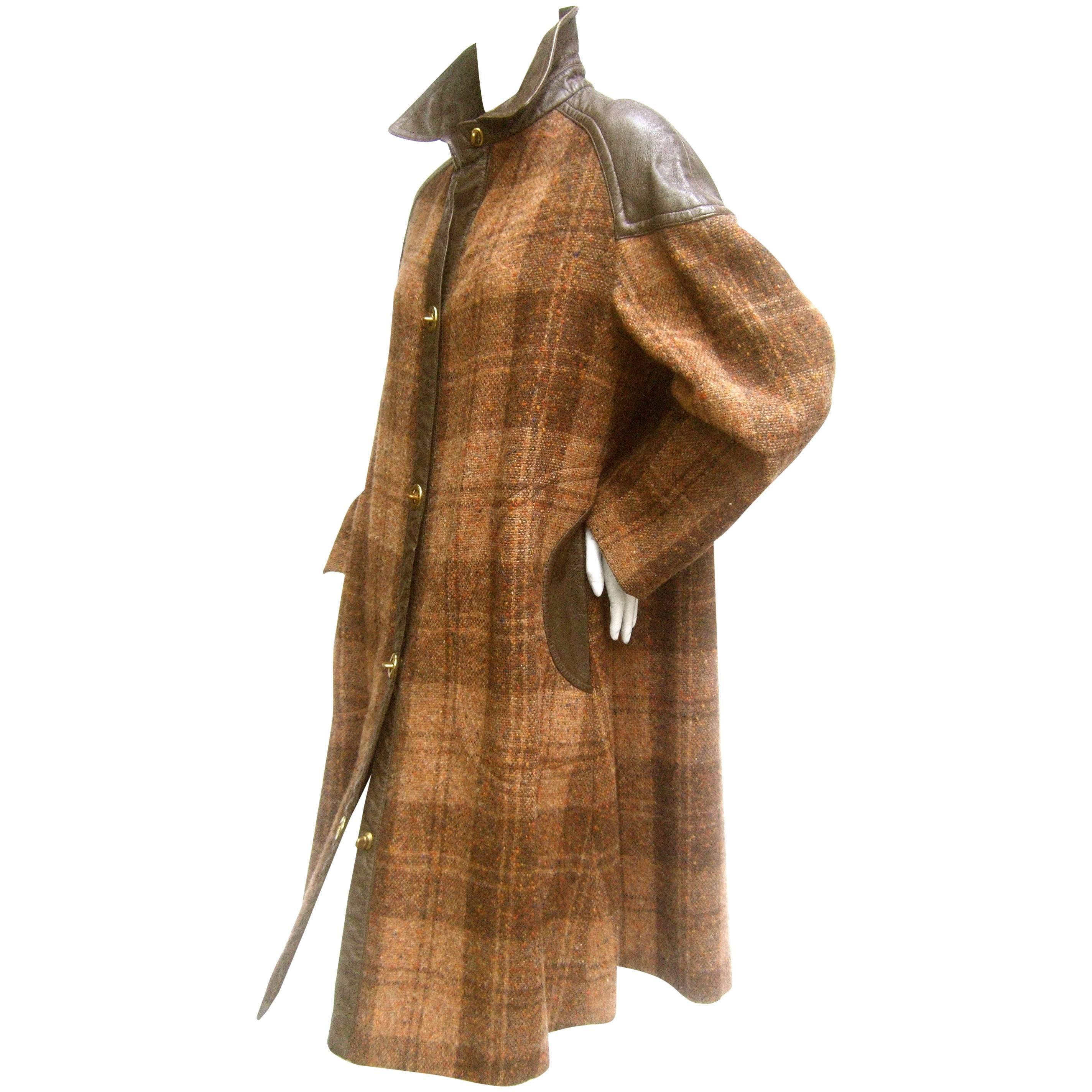 1970s Brown Plaid Leather Trim Wool Coat 