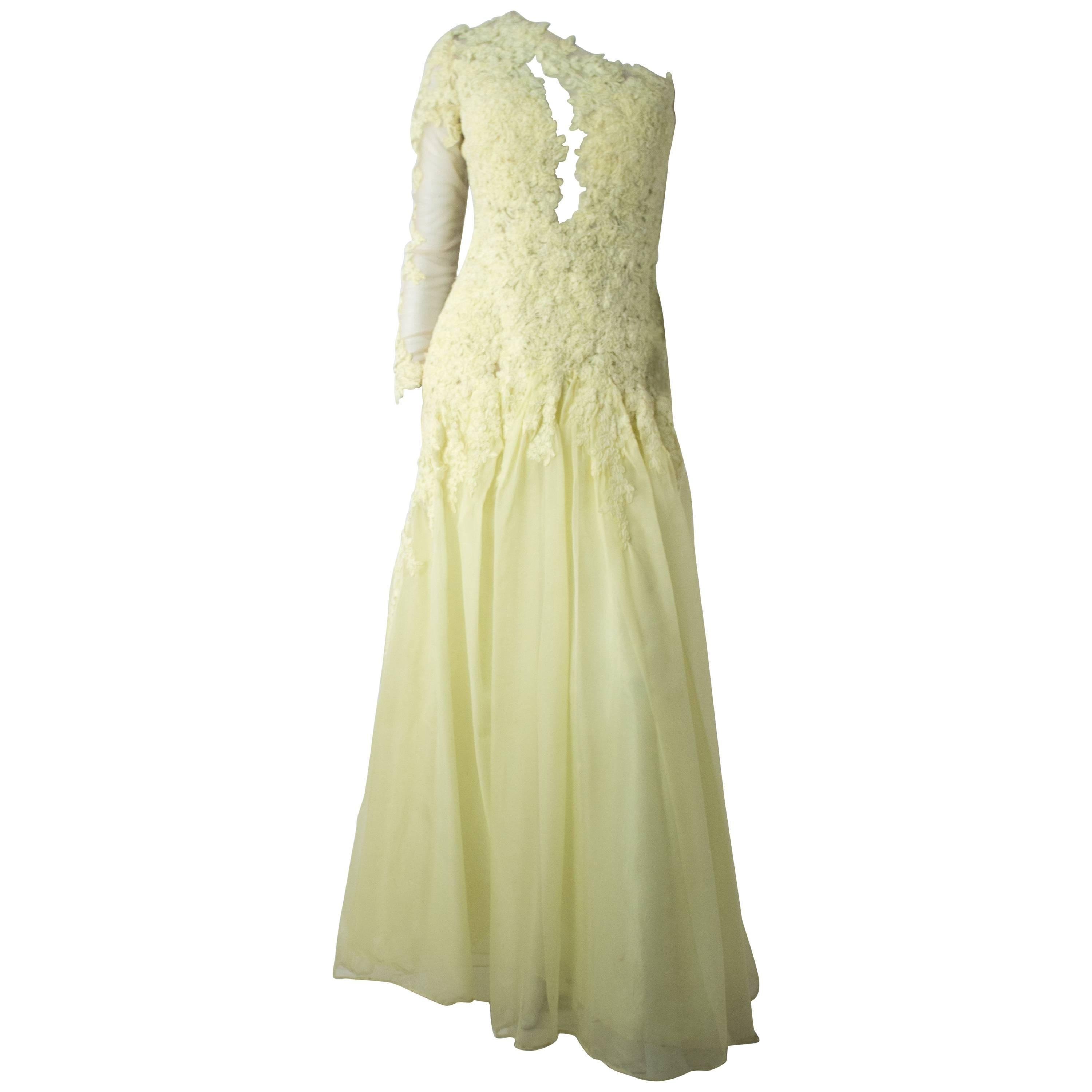 80s Yellow Lace Evening Gown