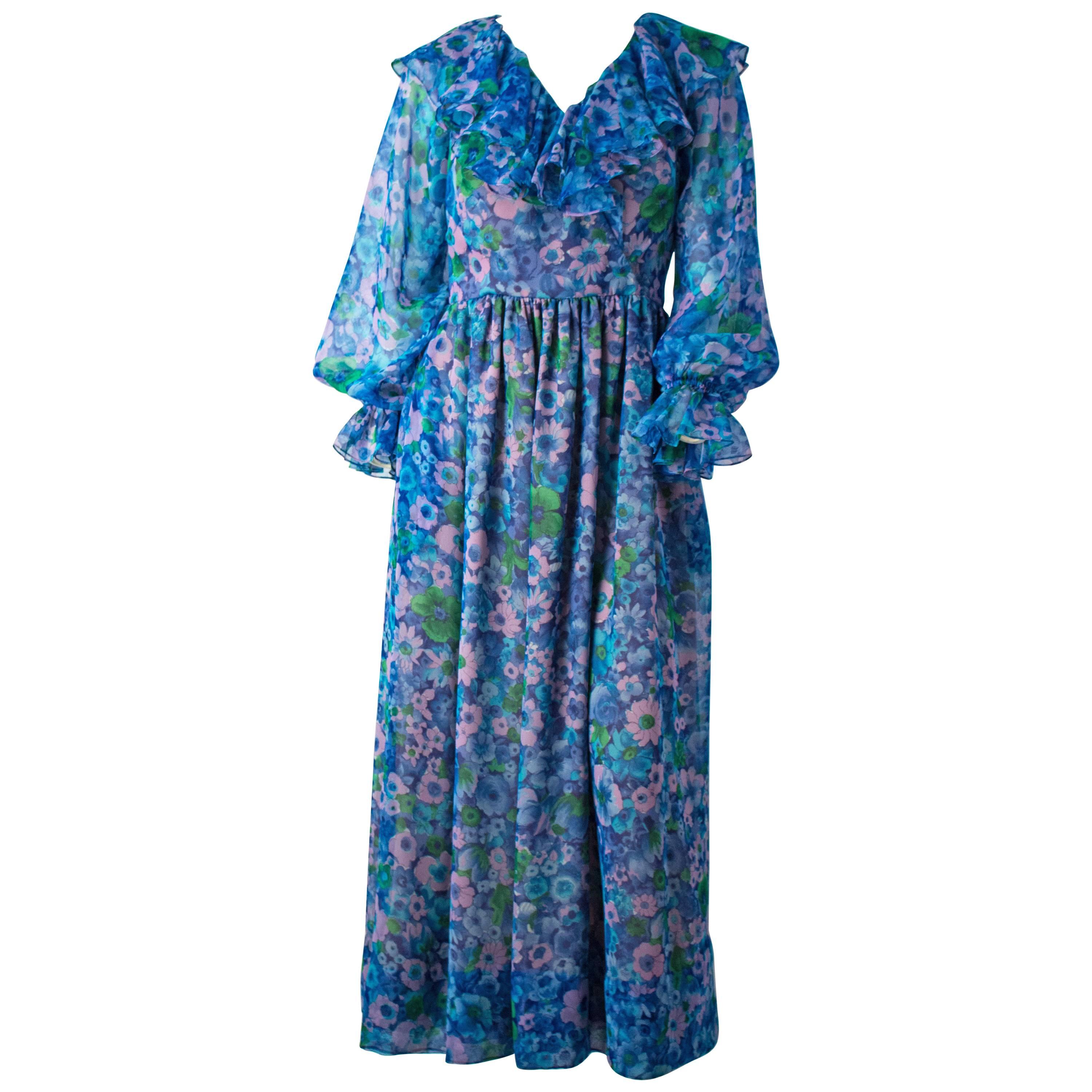 1970s Vintage Mauve Sheer Flutter Sleeve Gown  70s  Seventies Poly Chiffon Ruffled Peplum Waist Prairie Dress  Size Medium