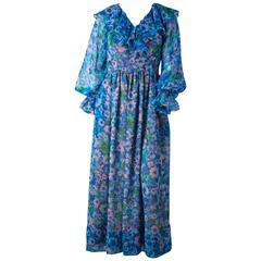 70s Blue Floral Vintage Chiffon Ruffle Dress 1