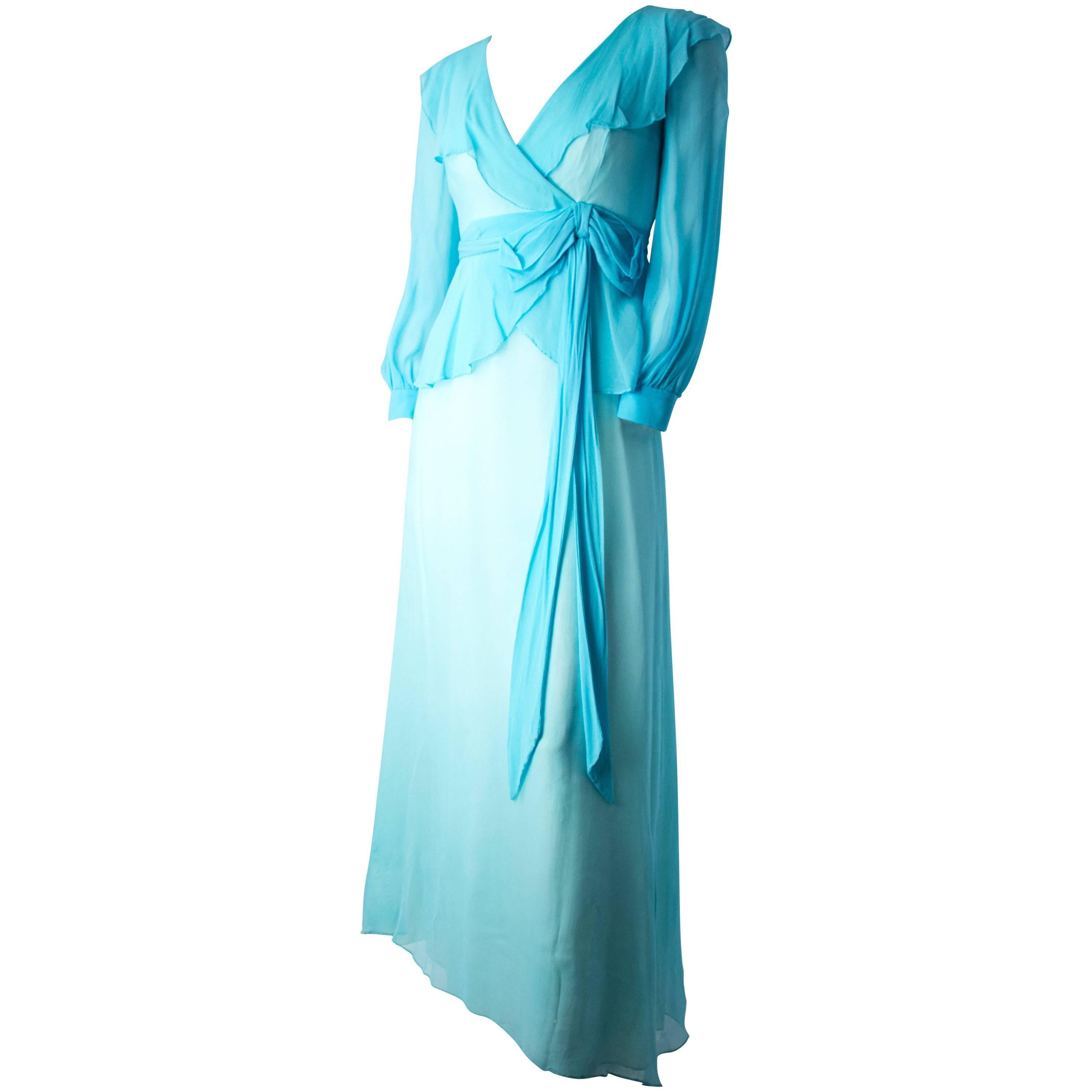 1960s Sky Blue Silk Chiffon Ruffle Dress For Sale