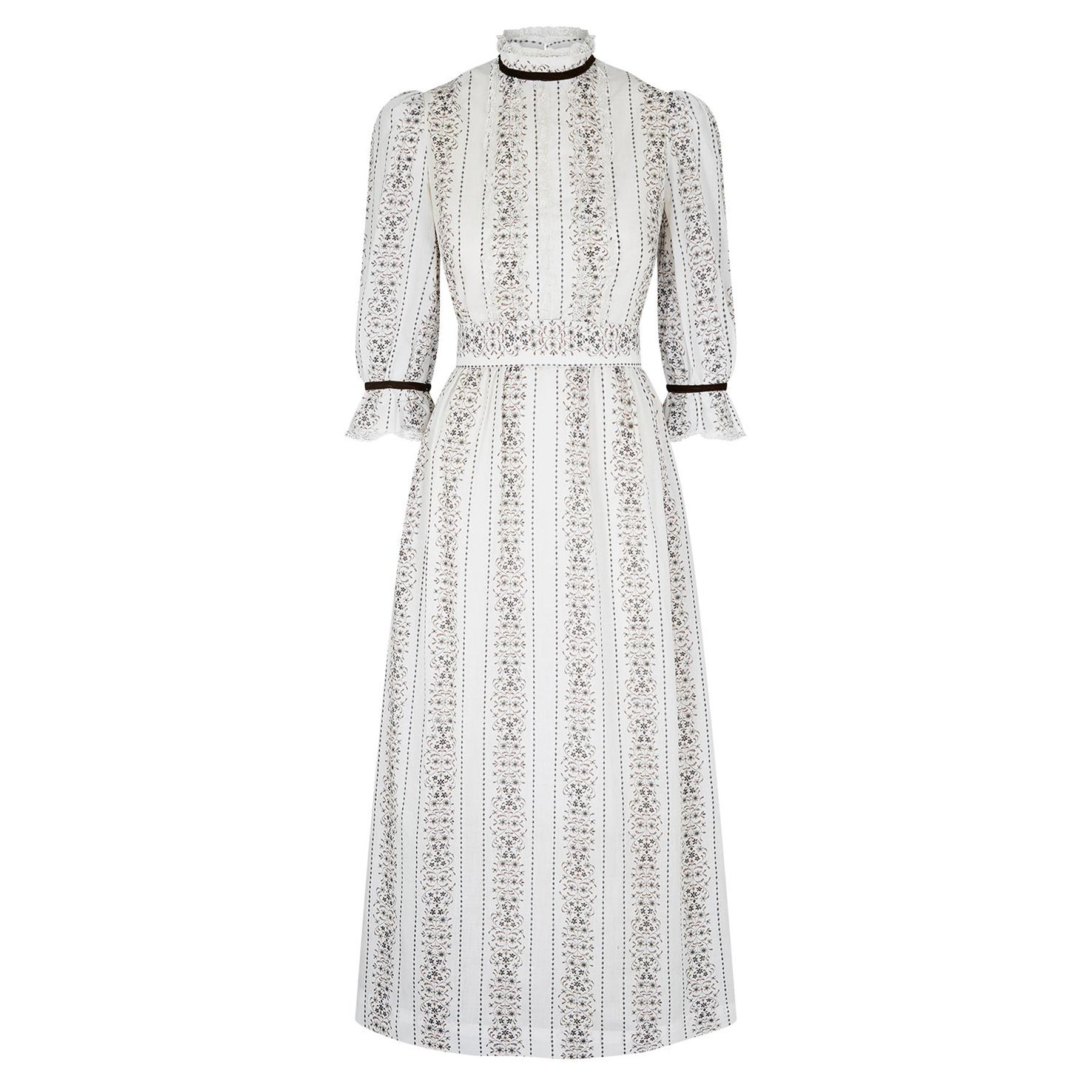 1970s White Floral Lace and Cotton Maxi Dress For Sale