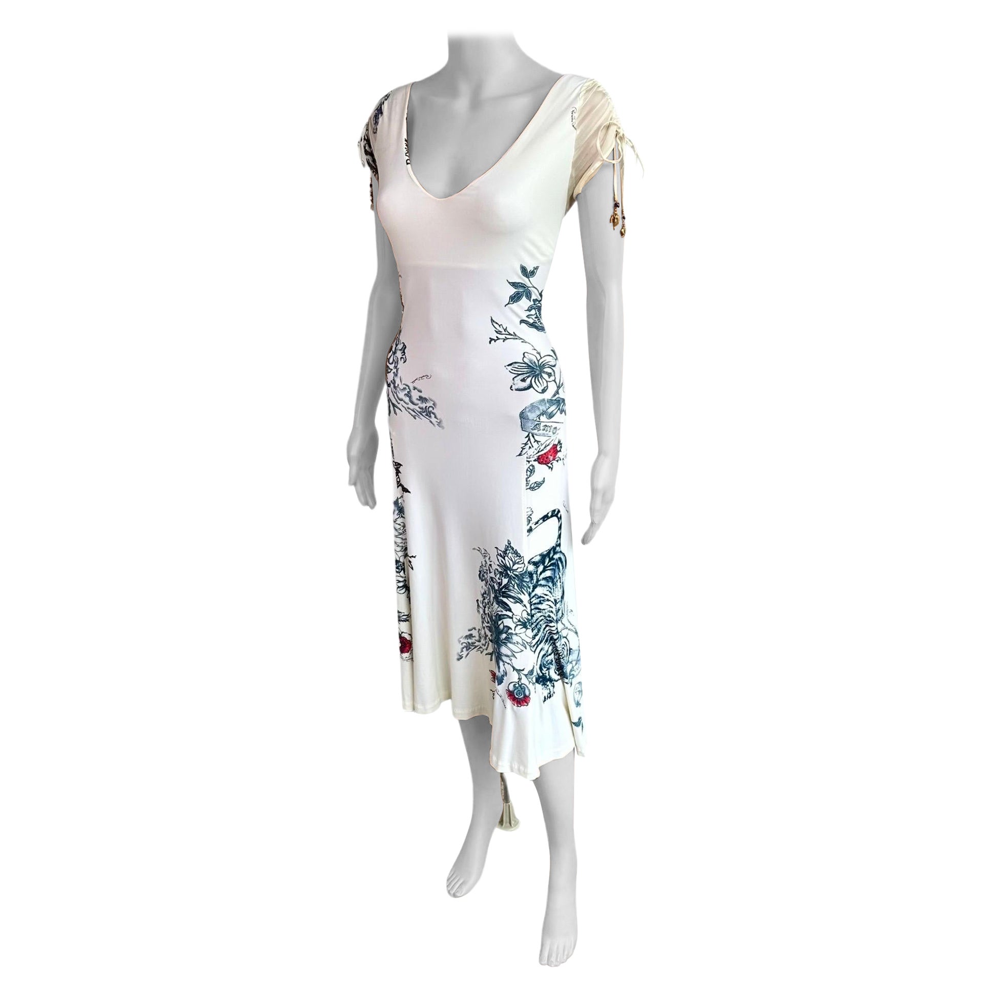 Roberto Cavalli S/S 2003 Tattoo Floral Abstract Print Midi Dress For Sale
