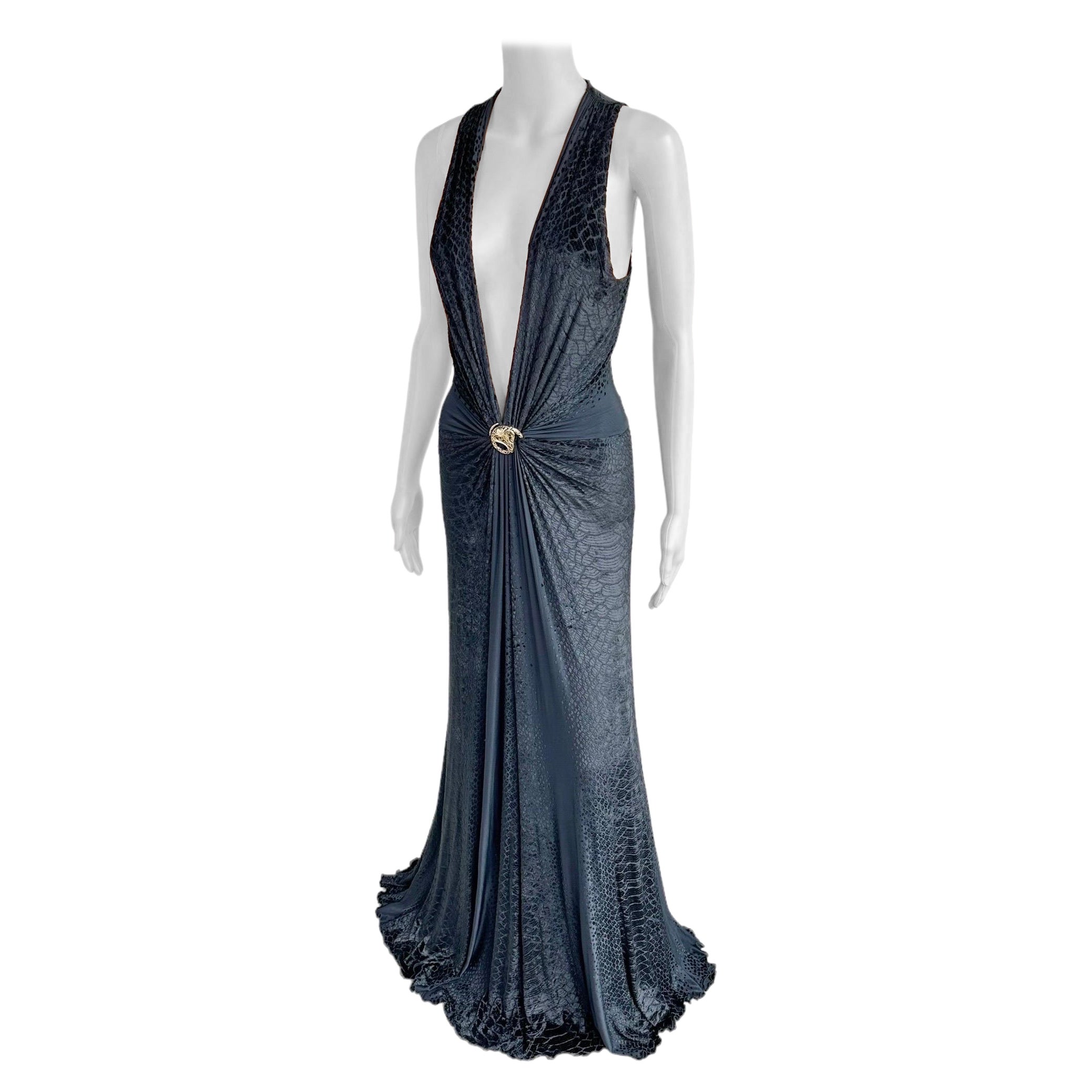 Roberto Cavalli F/W 2006 Plunging Neckline Embellished Velvet Evening Dress Gown For Sale