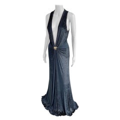 Roberto Cavalli F/W 2006 Vestido de noche de terciopelo adornado con escote pronunciado