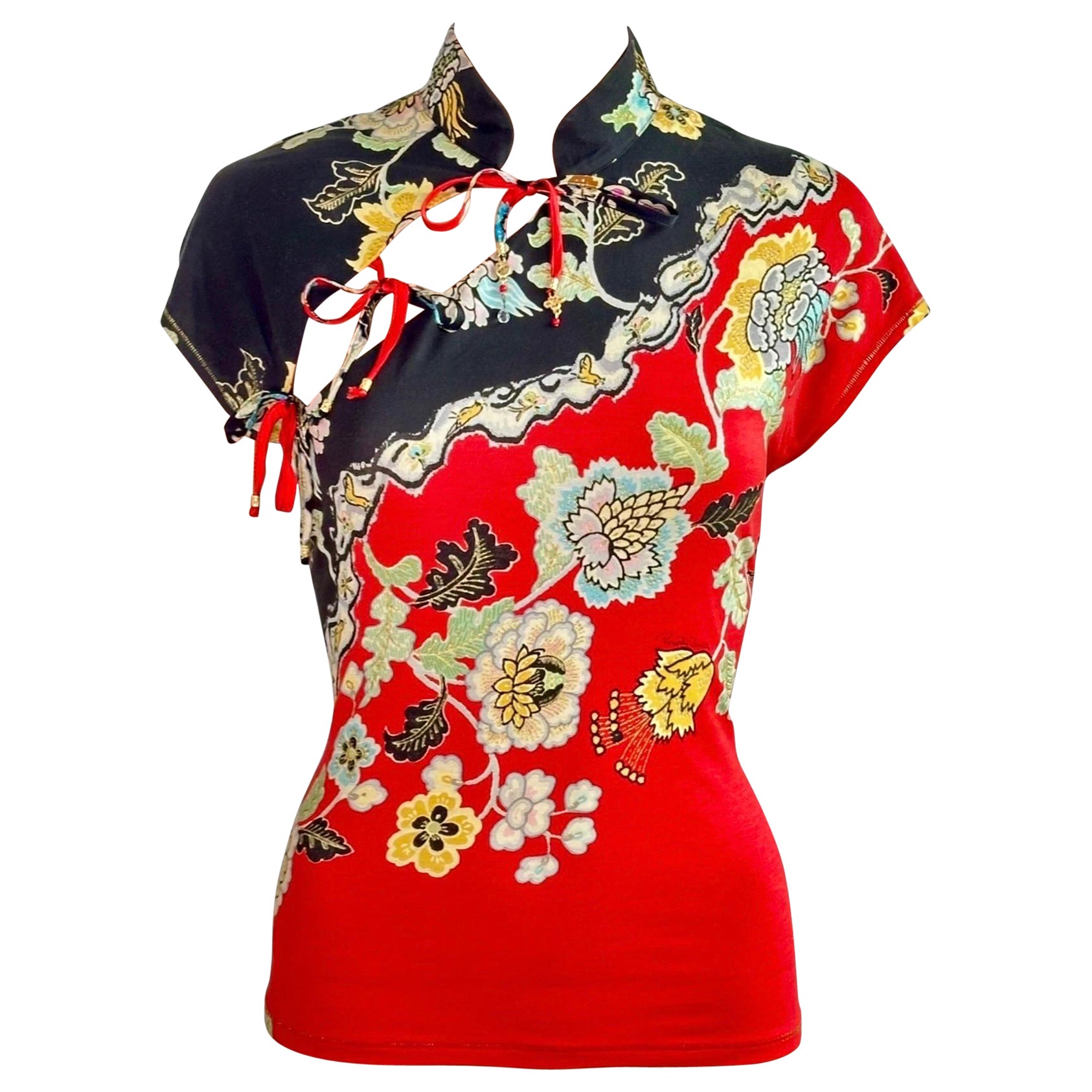 Roberto Cavalli S/S 2003 Chinoiserie Cheongsam Collar Tie Cap Sleeve Blouse Top
