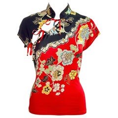 Roberto Cavalli S/S 2003 Chinoiserie Cheongsam Collar Tie Cap Sleeve Blouse Top