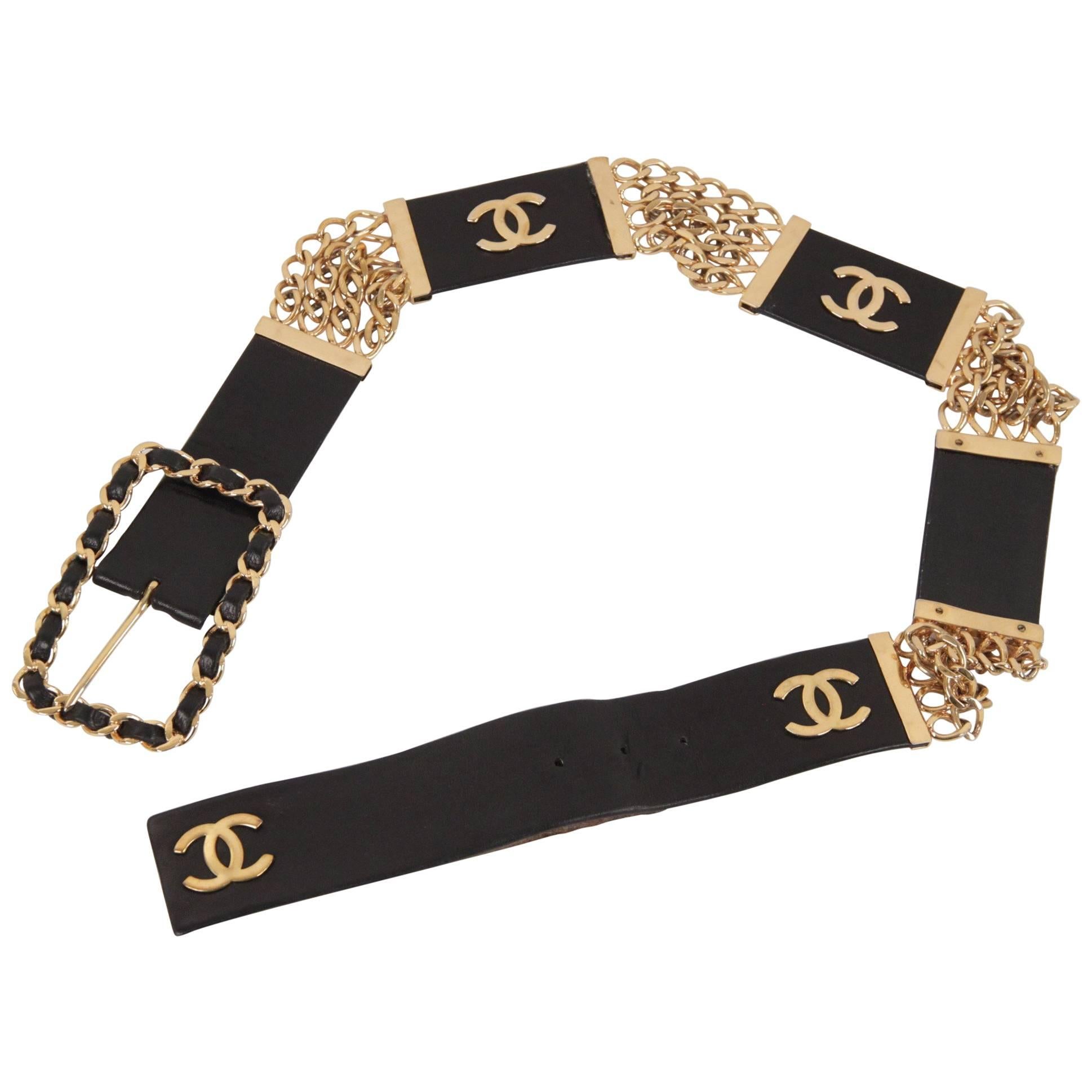 Chanel Vintage Gold Metal and Black Leather Belt CC Logo Chain Buckle Size 70/28