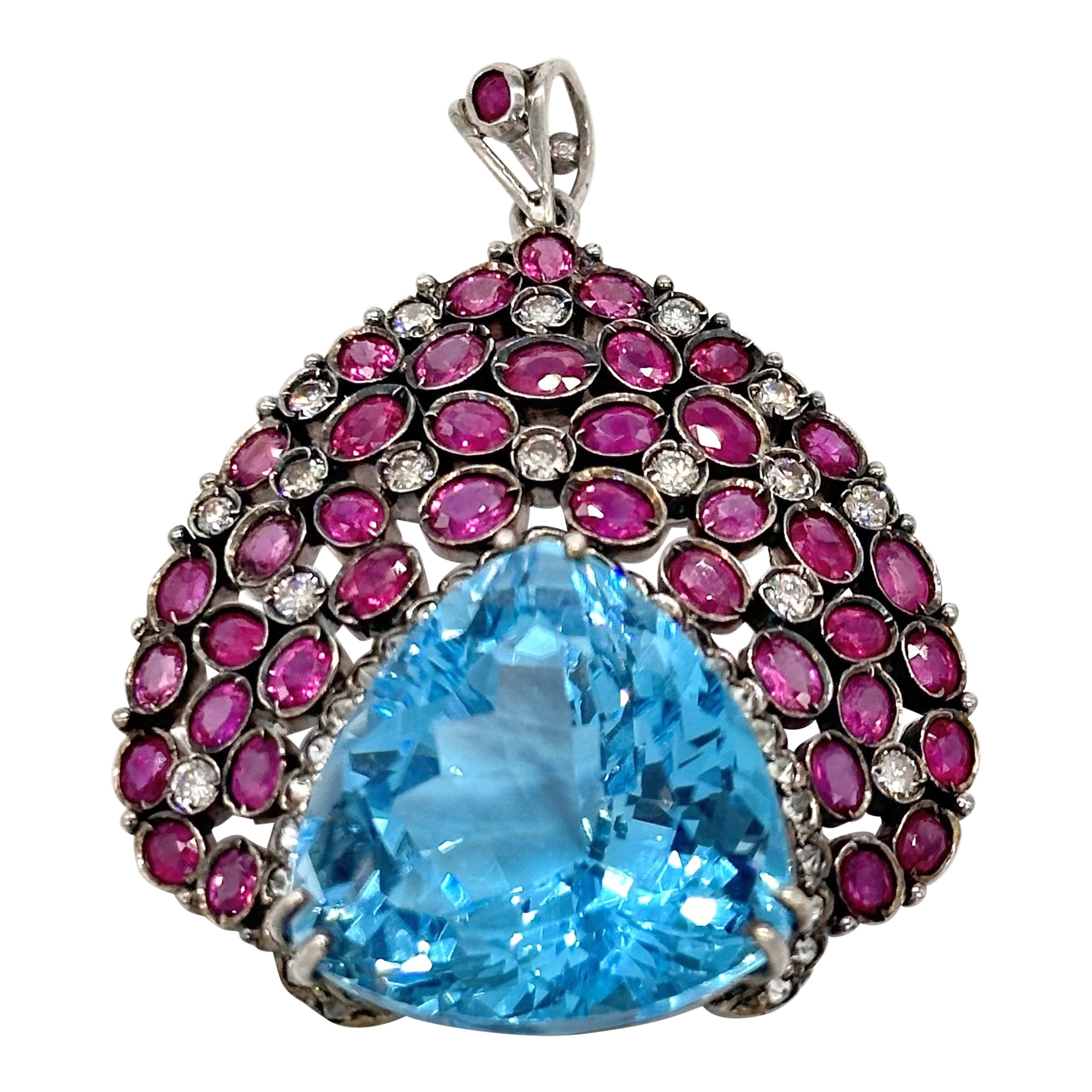 Vintage Statement großer Blautopas Rubin Brillantschliff Diamanten Silber Anhänger
