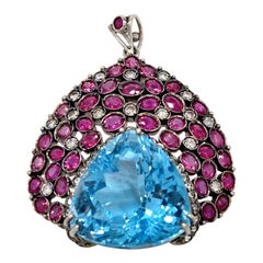 Vintage statement large blue topaz ruby brilliant cut diamonds silver Pendant