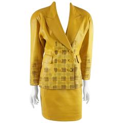 Vintage Jean Claude Jitrois Yellow Leather Skirt Suit with Stitched Design - 40 - 1980's