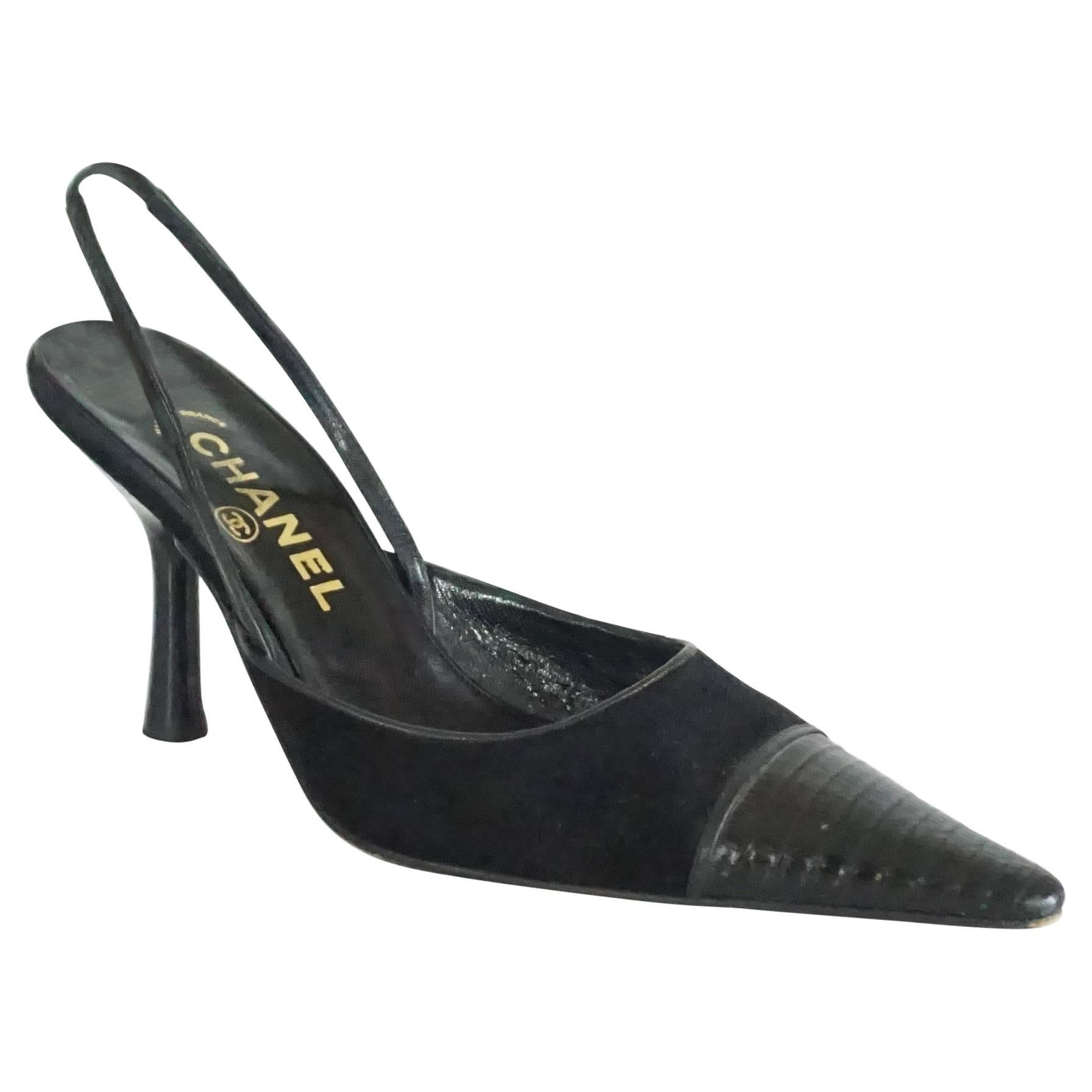 Chanel Black Suede and Lizard Toe Slingbacks - 37