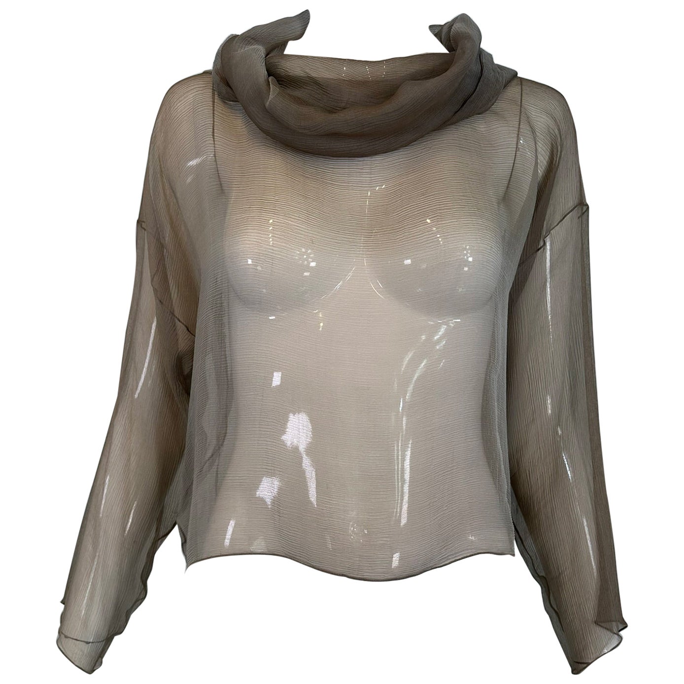Zoran Vintage Silvery Taupe Sheer Silk Draped Turtle Neck Long Sleeve Top For Sale