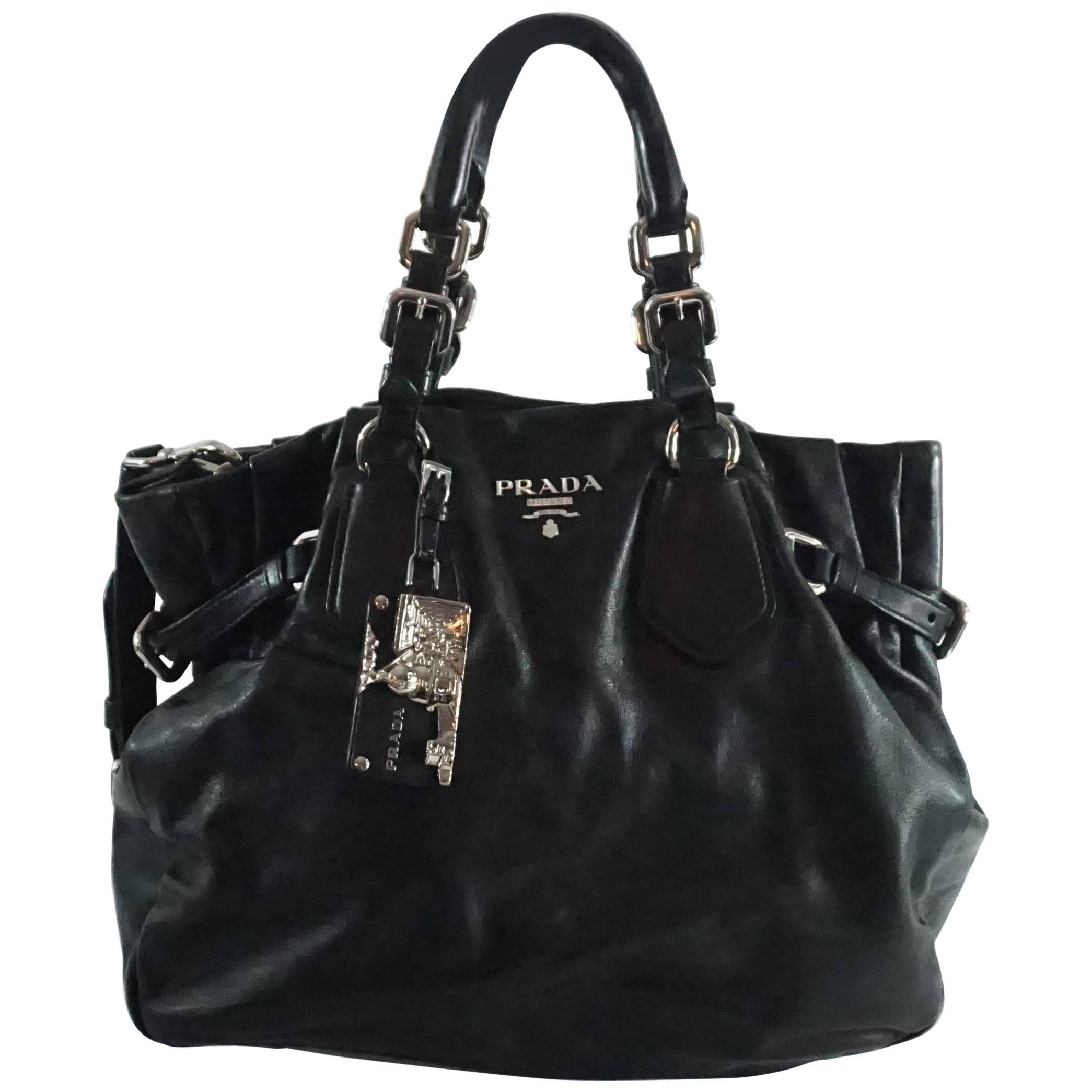 Prada Black Leather Shoulder Bag with Crossbody Strap and Charm - SHW -