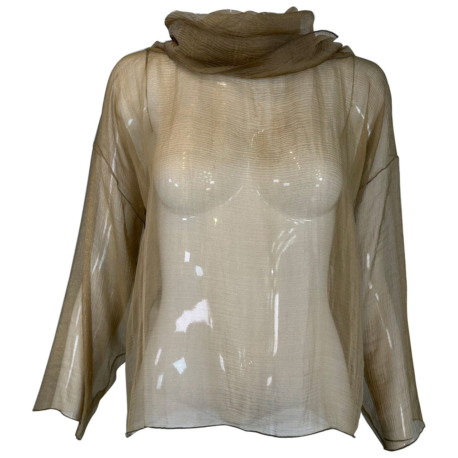 Zoran Vintage Gold Metallic Sheer Silk Draped Turtle Neck Long Sleeve Top For Sale