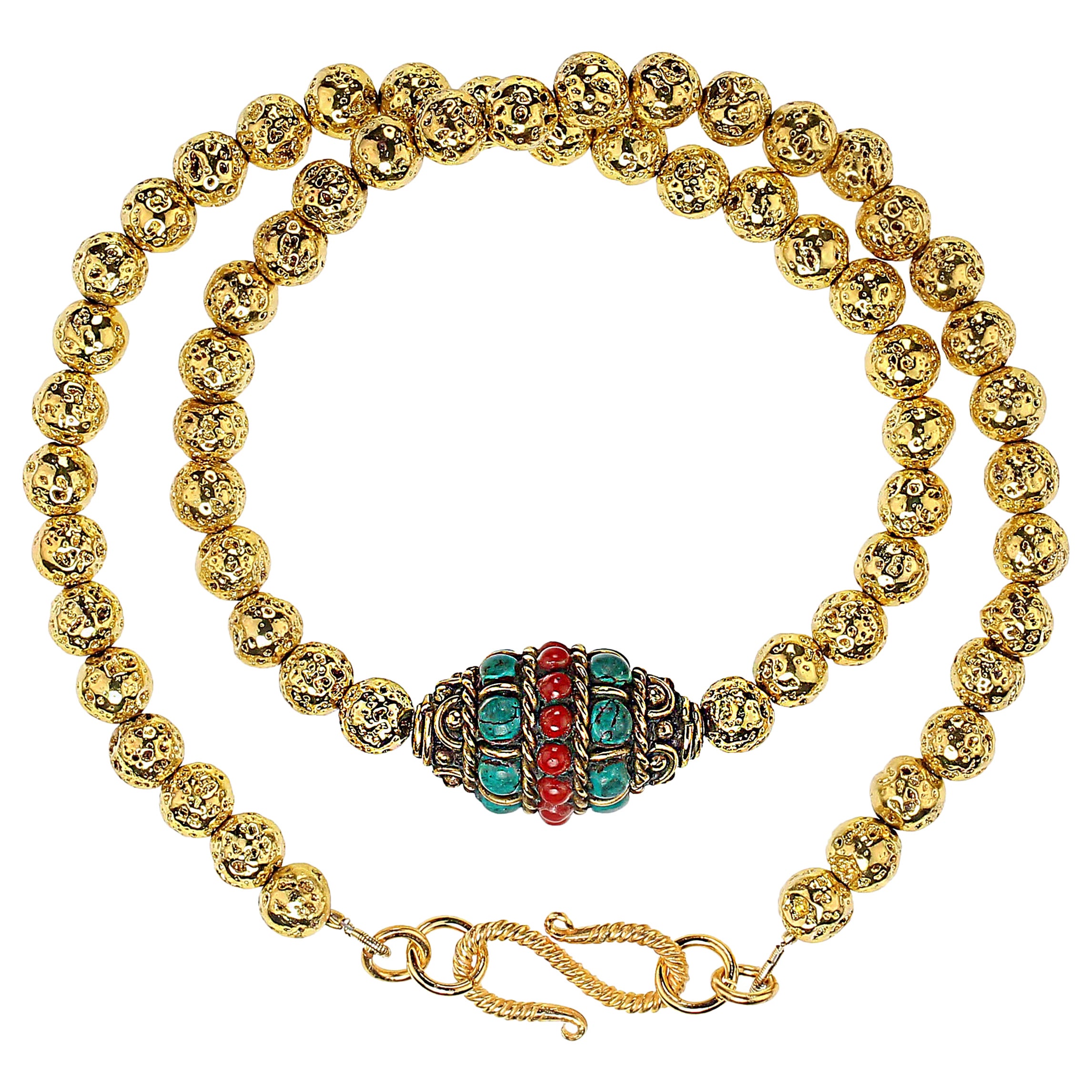 AJD 17 Inch Gold Washed 7mm Lava Rock with Asian Focal Necklace In New Condition For Sale In Raleigh, NC