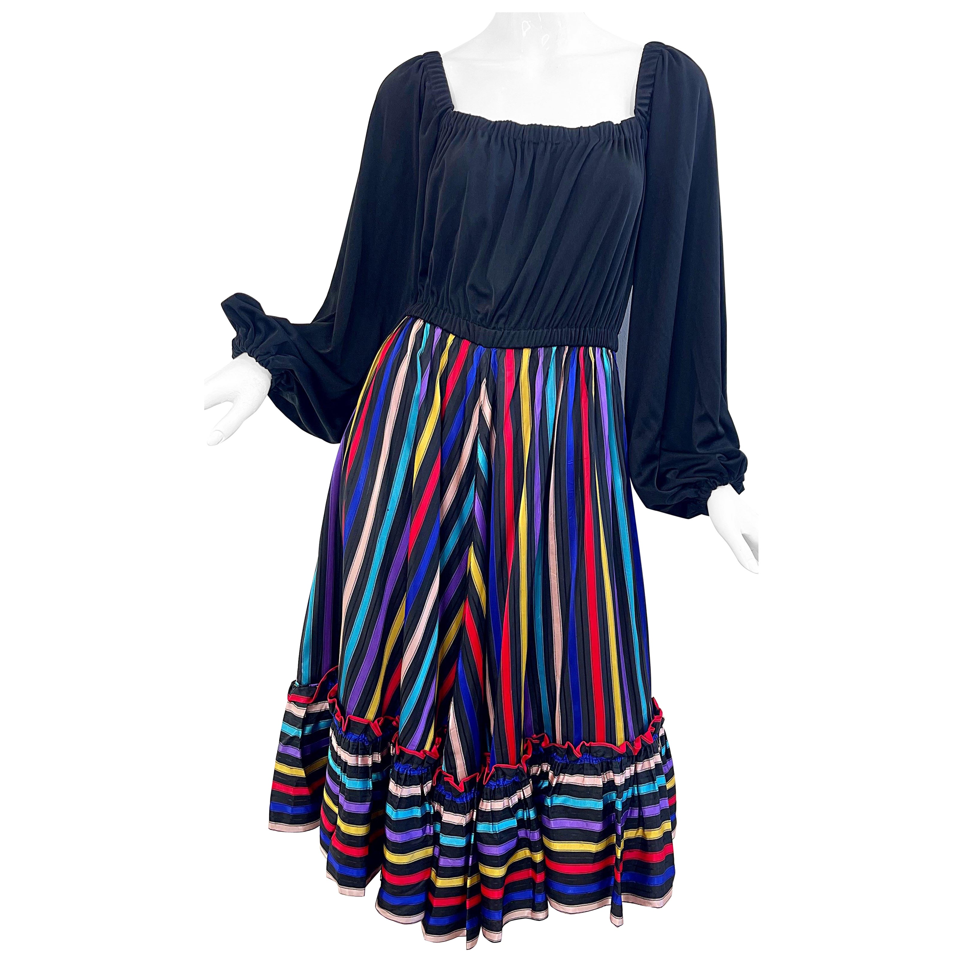 Lucie Ann of Beverly Hills 1970s Sz Medium Large Black Vintage 70s Peasant Dress For Sale