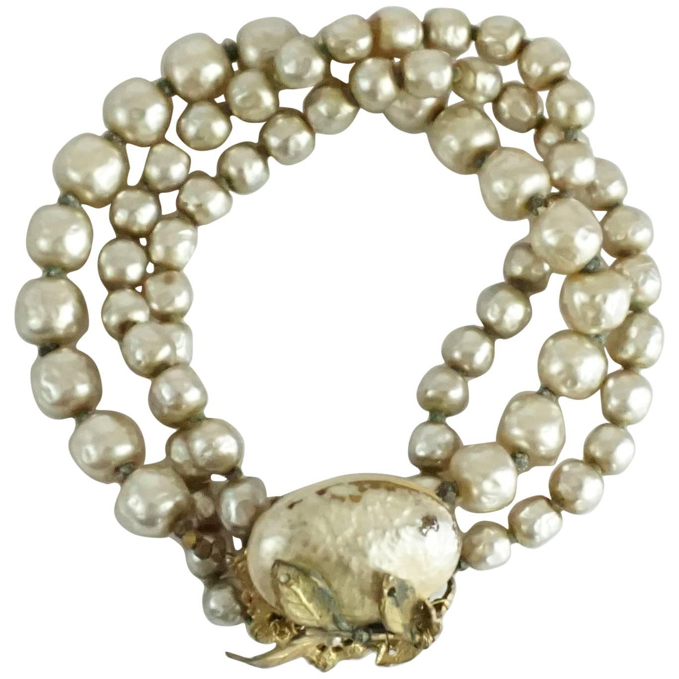Miriam Haskell Cream Pearl Triple Strand Bracelet - 1950's 