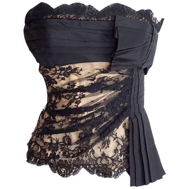 Valentino Black Lace Over Nude Signature Bow Bustier Top 