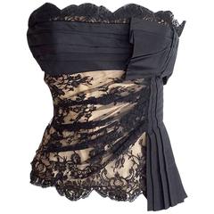 VALENTINO Top Bustier Exquisite Black Lace Over Nude Signature Bow 8 10