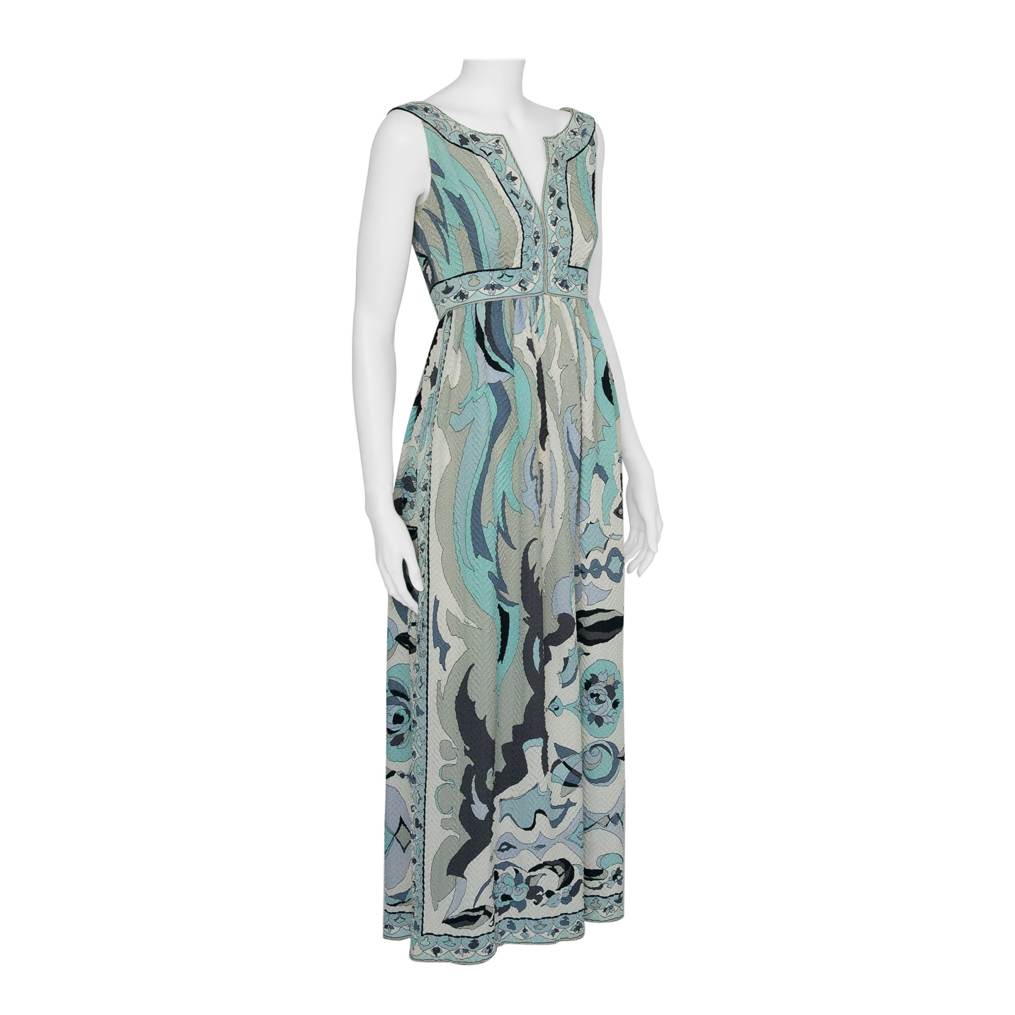 Rare Documented Emilio Pucci Fish Print Silk "Cloqué" Maxi Dress, circa 1965 For Sale