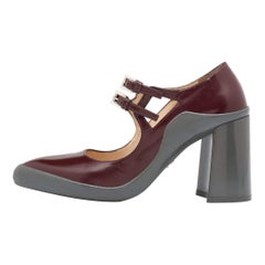 Prada Burgundy Leather Dual Strap Mary Jane Block Heel Pumps Size 37.5