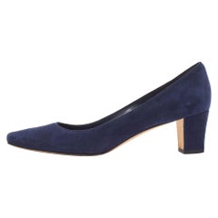 Manolo Blahnik Navy Blue Suede Block Heel Pumps Size 38