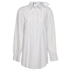 Prada White Striped Cotton Tie Neck Button Front Shirt M