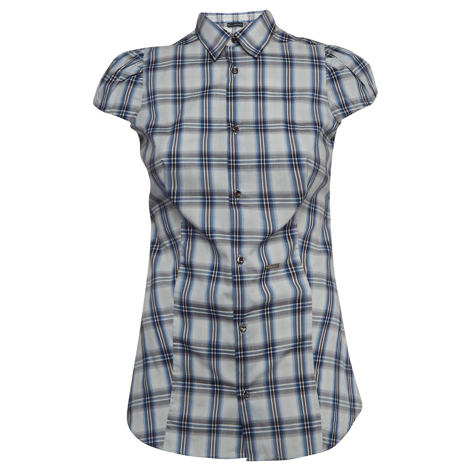 Dsquared2 Blue Checked Cotton Buttoned Short Puff Sleeve Shirt M For Sale