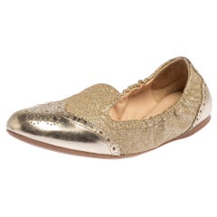Prada Gold Glitter Fabric And Patent Leather Brogue Scrunch Flats Size 37.5
