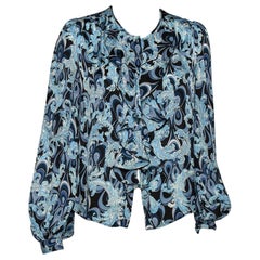 Emilio Pucci Blue Printed Silk Ruffle Detail Button Front Top L
