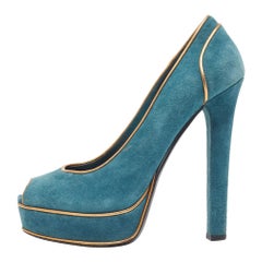 Gucci Teal/Gold Wildleder Peep Toe Plateau Pumps Größe 38,5