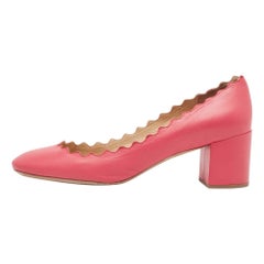 Chloe Coral Pink Scalloped Leather Lauren Block Heel Pumps Size 38.5