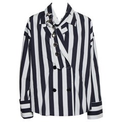 Marques Almeida Navy Blue & White Striped Cotton Double Breasted Belted Blazer M