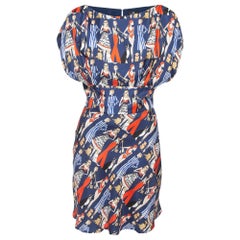 Elisabetta Franchi Marineblaues bedrucktes Seiden-Twill-Minikleid M
