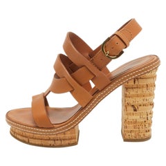 Sergio Rossi Brown Leather Cork Heel Ankle Strap Sandals Size 39