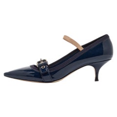Miu Miu Navy Blue Patent Pointed Toe Buckle Pumps Size 38.5