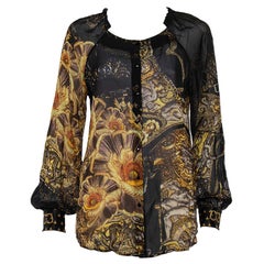 Class by Roberto Cavalli Black Printed Silk Ruffled Neck Button Front Top M