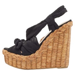 Prada Black Fabric Knotted Bow Raffia Wedge Platform Sandals Size 36
