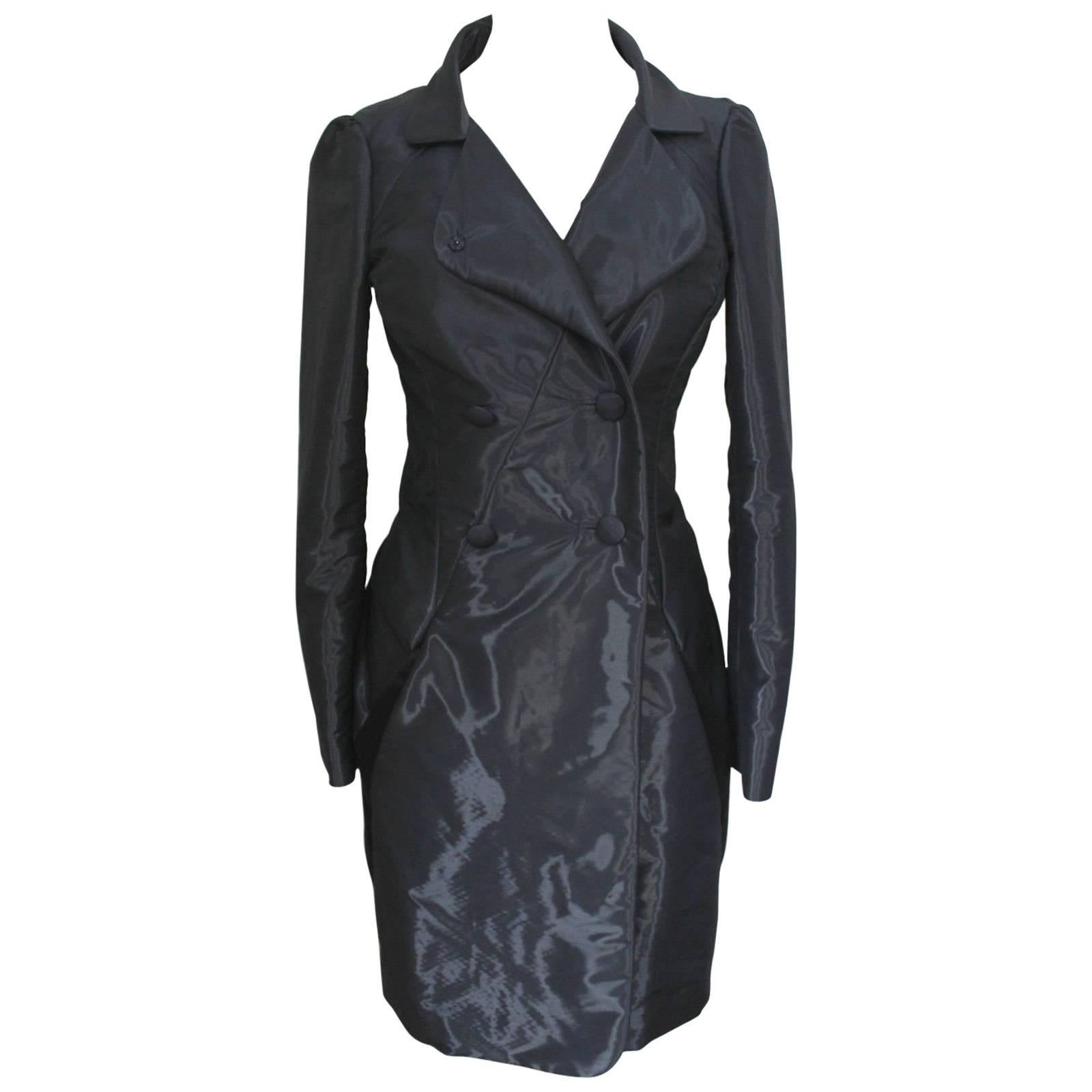 Balenciaga Shiny Wet Look Grey Navy Structured Coat Fall 2008 UK 8 For Sale