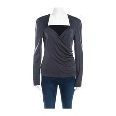 Escada Grey Silk Knit Ruched Crossover Front Long Sleeve Top M