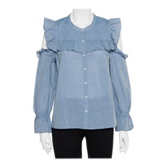 Joie Blue Cotton Cold Shoulder Ruffled Button Front Akari Top M