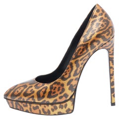 Saint Laurent Bronze/Schwarze Leopard Print Leder Janis Plateau Pumps Größe 38